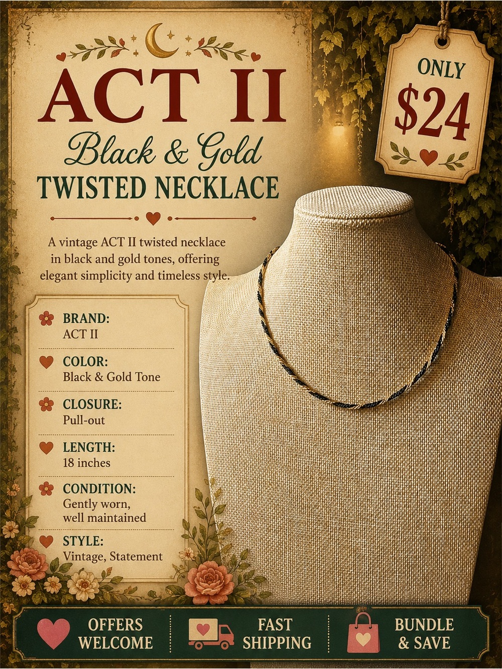 ACT II Vintage Twisted Necklace Black Gold Tone